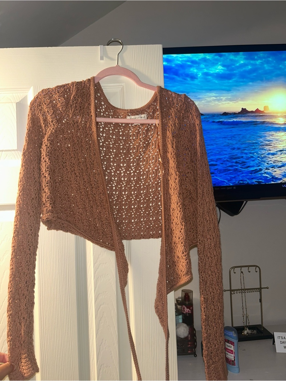 Aeropostale Cropped Openwork Tie-Front Cardigan in Rust Brown